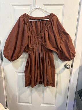 Rust Brown Puff-Sleeve V-Neck Women's Dress